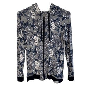 JOCKEY | Blue Floral Gray Soft Stretchy Long Sleeve Hooded Zip Front Sweatshirt